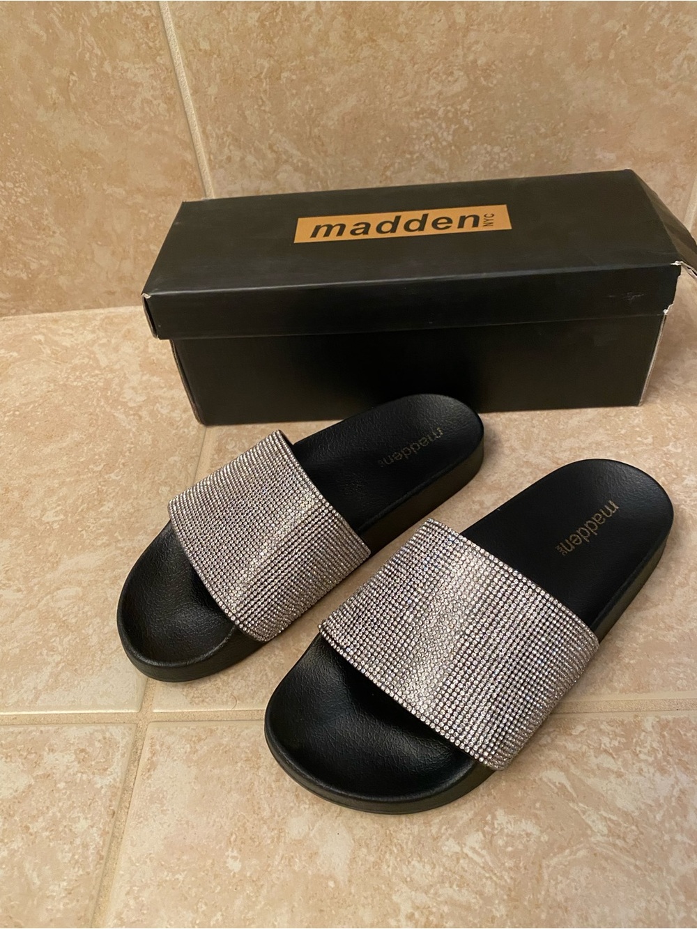 Madden Girl Black Slide Sandals with Silver Rhinestone Strap